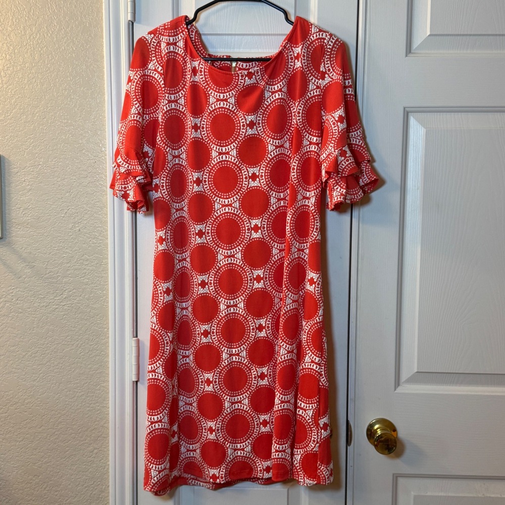 Ronni Nicole Red Dress with White Puff Geometric Shapes Ruffle Sleeves, Size L